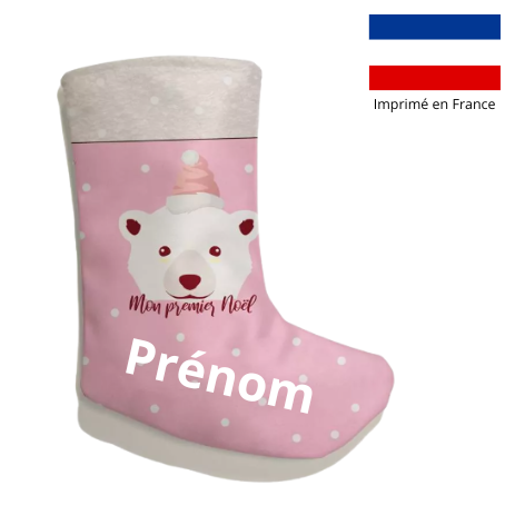 Chaussette de noël rose ou bleu motif ours polaire "mon premier noël" - Personnalisable