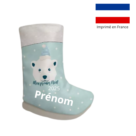 Chaussette de noël rose ou bleu motif ours polaire "mon premier noël" - Personnalisable