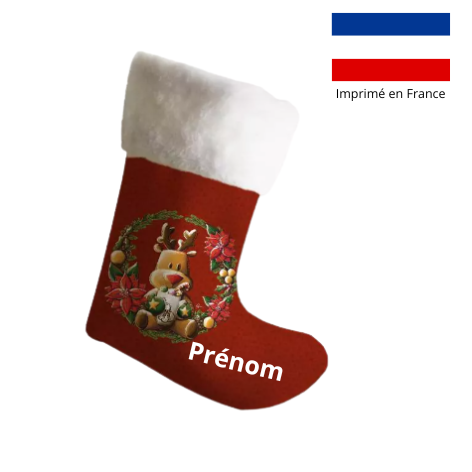 Chaussette de noël motif renne Christmas + Fausse fourrure - Création Stillistic - Personnalisable