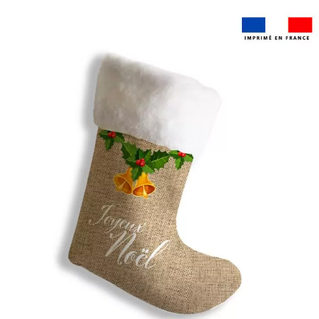 Chaussette de noël effet toile de jute motif noël rouge et vert + Fausse fourrure - Personnalisée