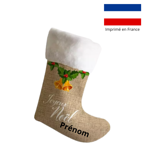 Chaussette de noël effet toile de jute motif noël rouge et vert + Fausse fourrure - Personnalisée